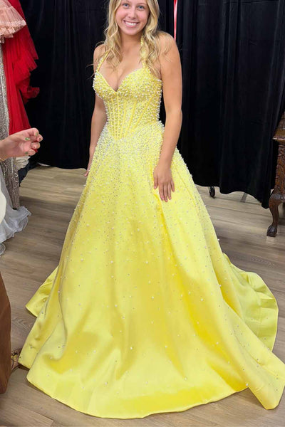 A Line V Neck Yellow Hot Fix Satin Prom Dress with Beading AB26102909