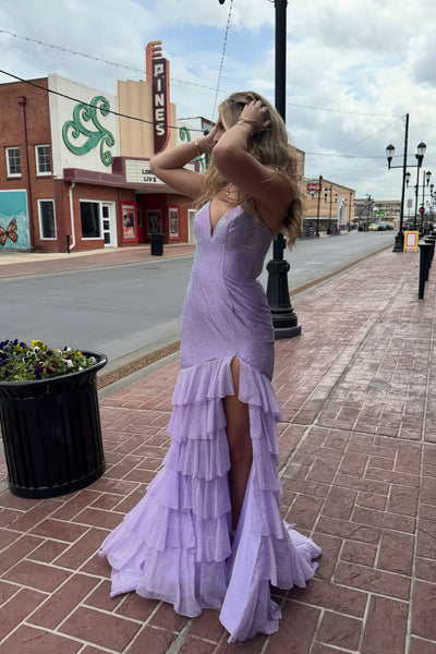 Cute Mermaid V Neck Lavender Chiffon Tiered Prom Dress AB26031303