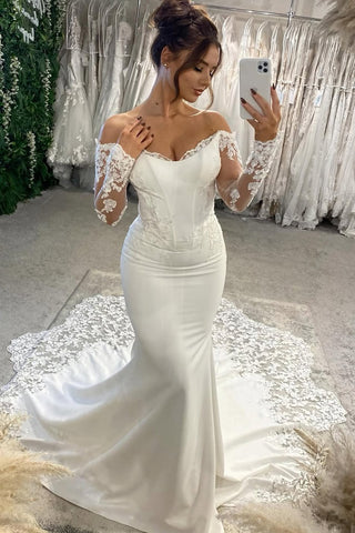 Elegant Mermaid Off the Shoulder Satin Prom Dress with Appliques AB25111806