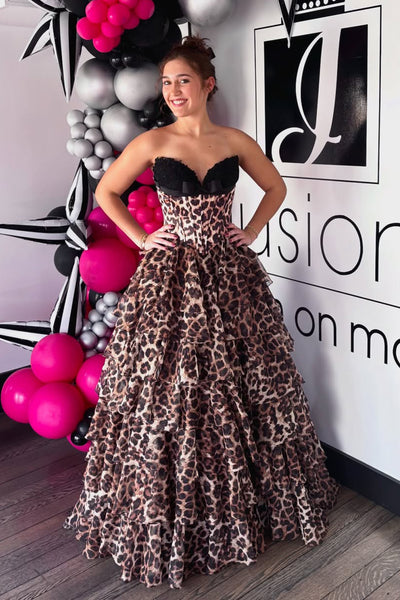 A Line Sweetheart Leopard Chiffon Tiered Prom Dress AB26032205