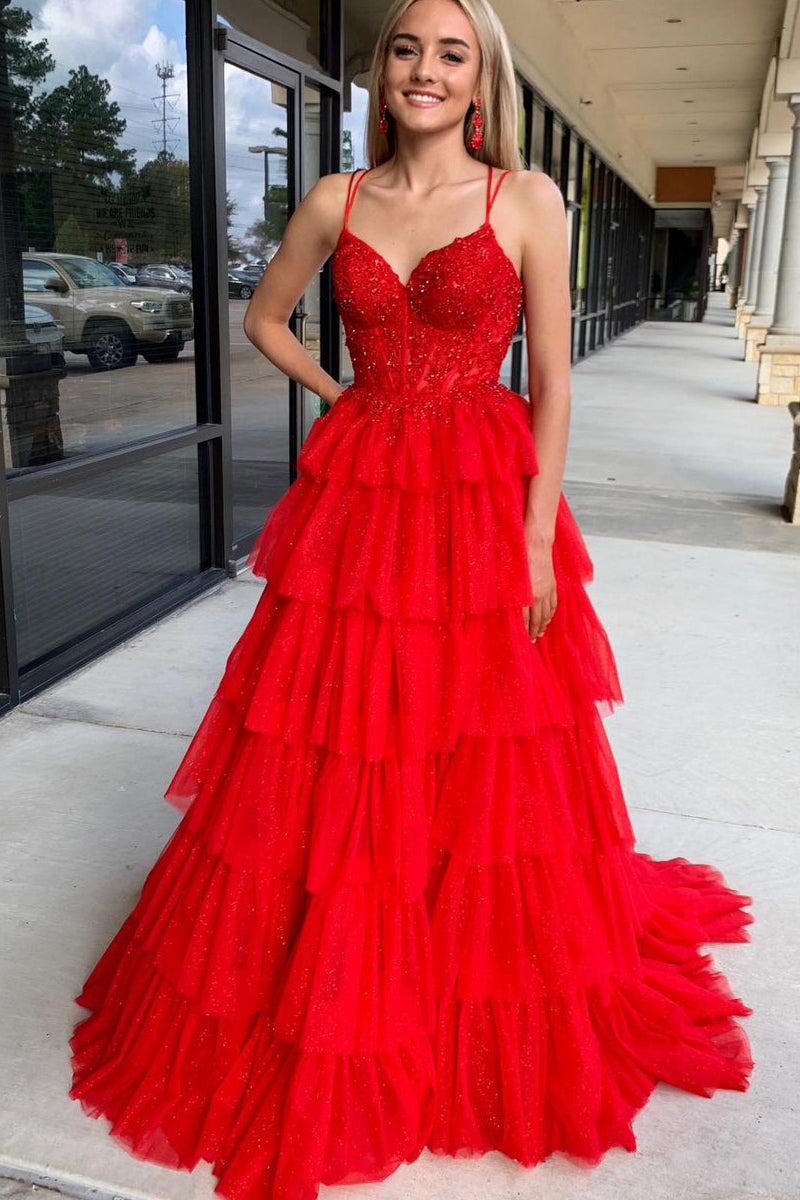 Cute A Line Sweetheart Red Tulle Prom Dress with Appliques AB4011701