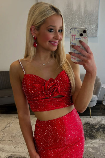 Sparkly Mermaid Sweetheart Red Satin Prom Dress with Hot Stone AB25120802