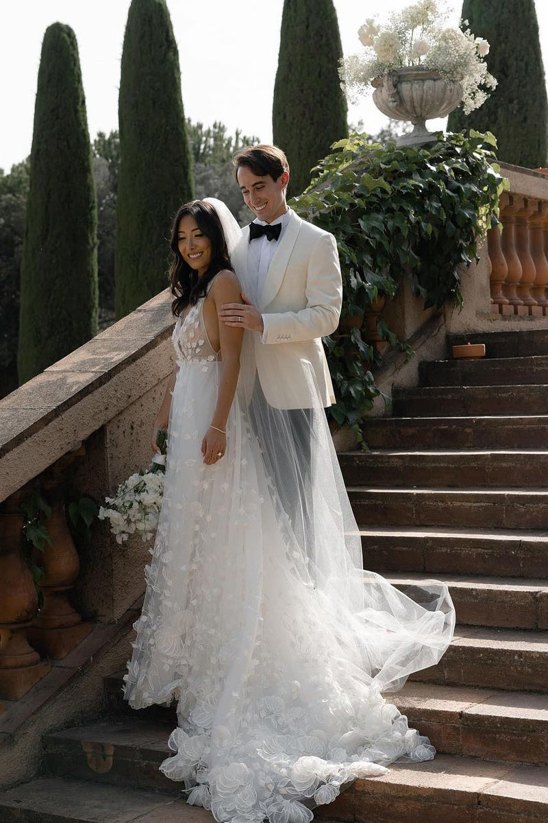 Fairy A Line V Neck Tulle Long Wedding Dresses with 3D Appliques ABWD061816