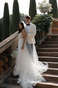 Fairy A Line V Neck Tulle Long Wedding Dresses with 3D Appliques ABWD061816