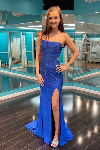 Cute Mermaid Straps Royal Blue Satin Long Prom Dress with Beading AB25010605