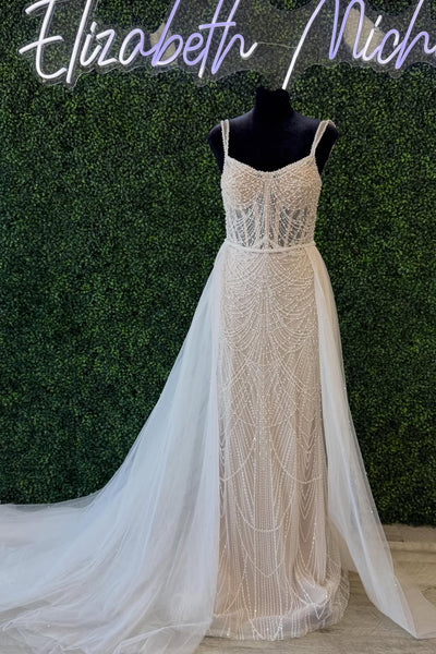 Gorgeous Mermaid Scoop Neck Sequins Wedding Dress with Detachable Train AB26060303