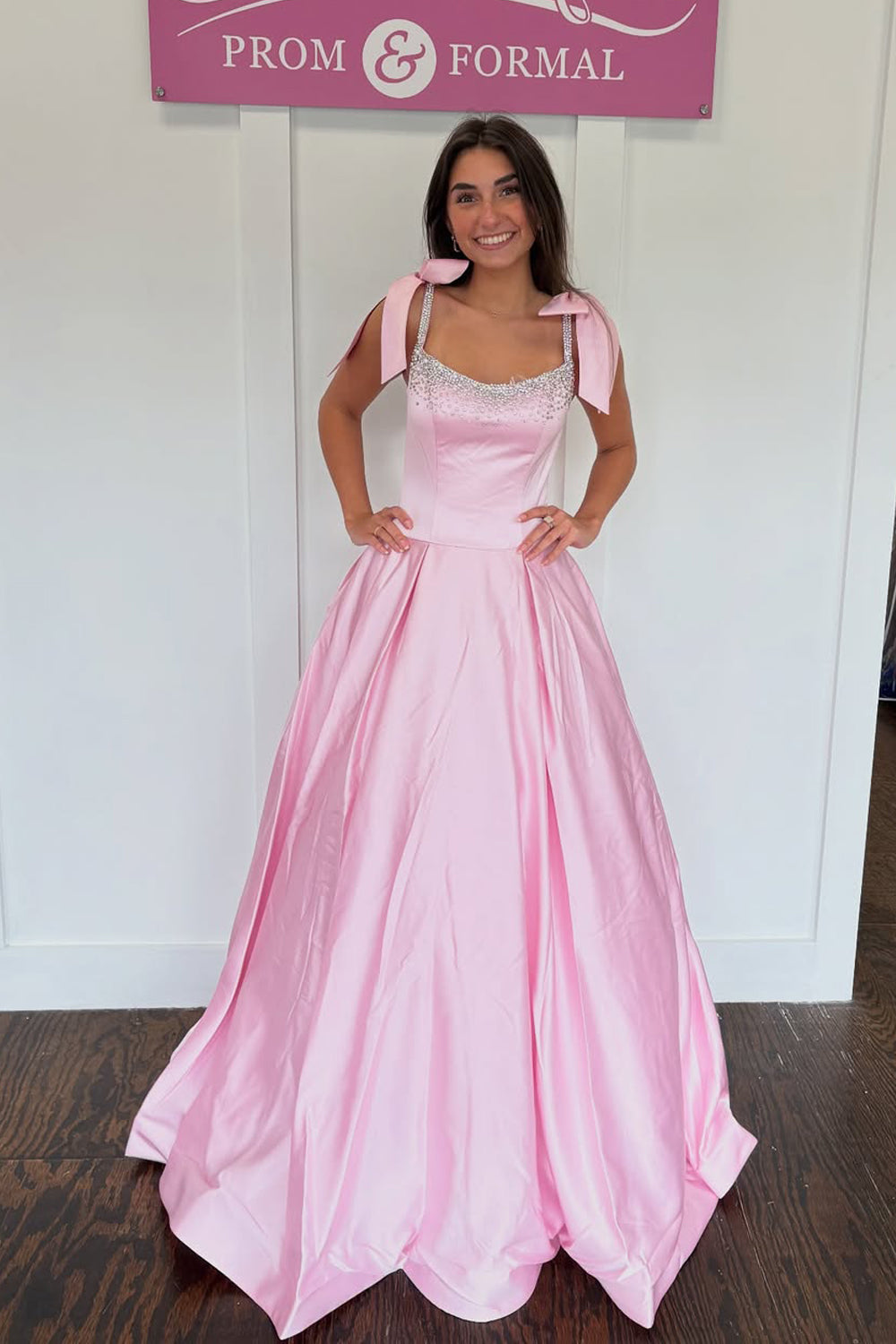 Cute Ball Gown Square Neck Pink Satin Prom Dress with Beading AB25101007