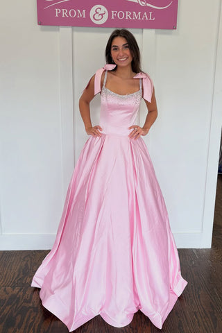 Cute Ball Gown Square Neck Pink Satin Prom Dress with Beading AB25101007