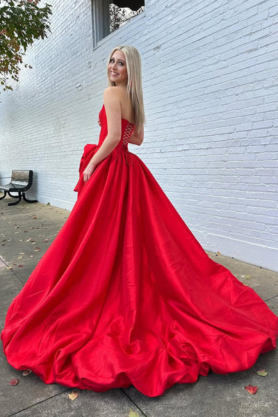 Cute A Line Scoop Neck Red Satin Prom Dress with Bow AB25111003