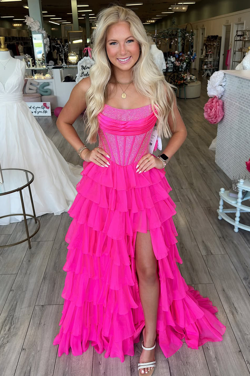 Fairy A Line Scoop Neck Hot Pink Chiffon Tiered Prom Dress AB25090807