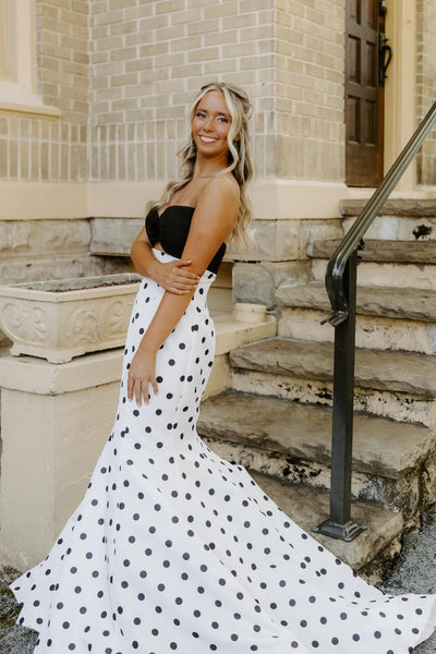 Mermaid Strapless Keyhole White Black Dot Satin Prom Dress AB26041706
