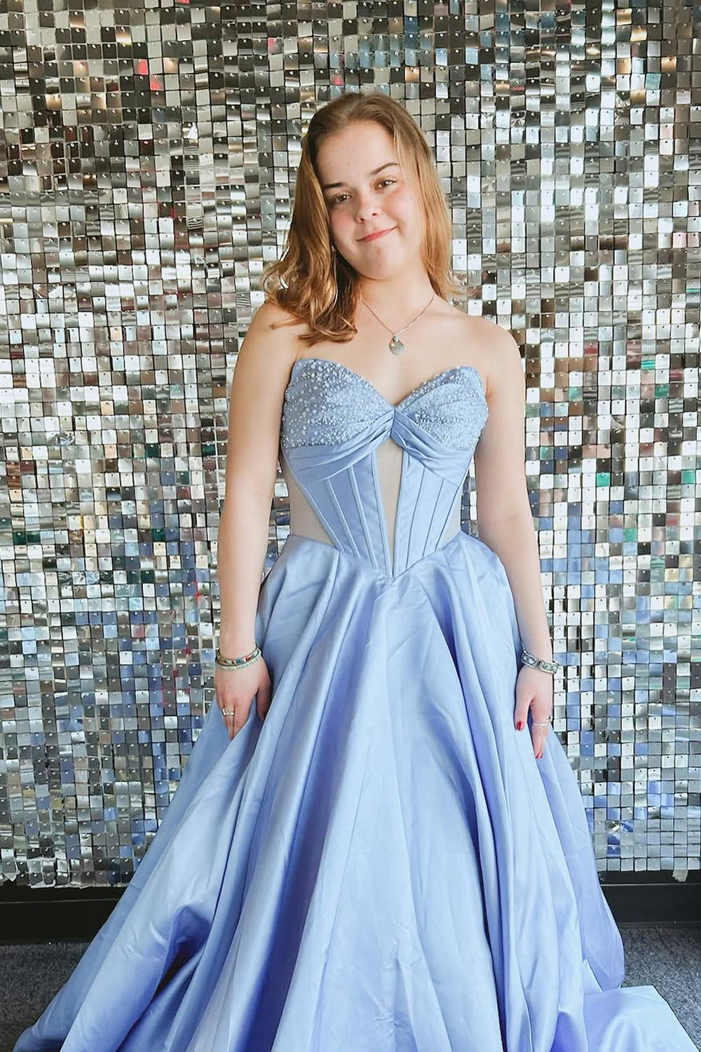 A-Line Strapless Light Blue Satin Long Prom Dresses with Beadings AB25031604