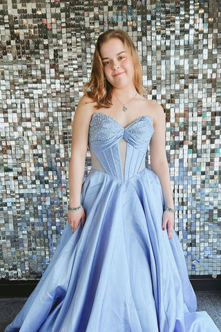 A-Line Strapless Light Blue Satin Long Prom Dresses with Beadings AB25031604