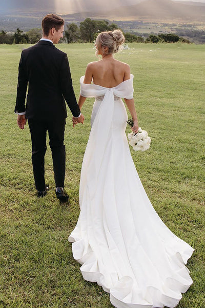 Fairy Mermaid Off the Shoulder Satin Wedding Dress with Bow AB4060804