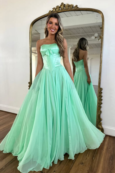 Cute A Line Strapless Light Blue Chiffon Long Prom Dress with Slit AB2622804