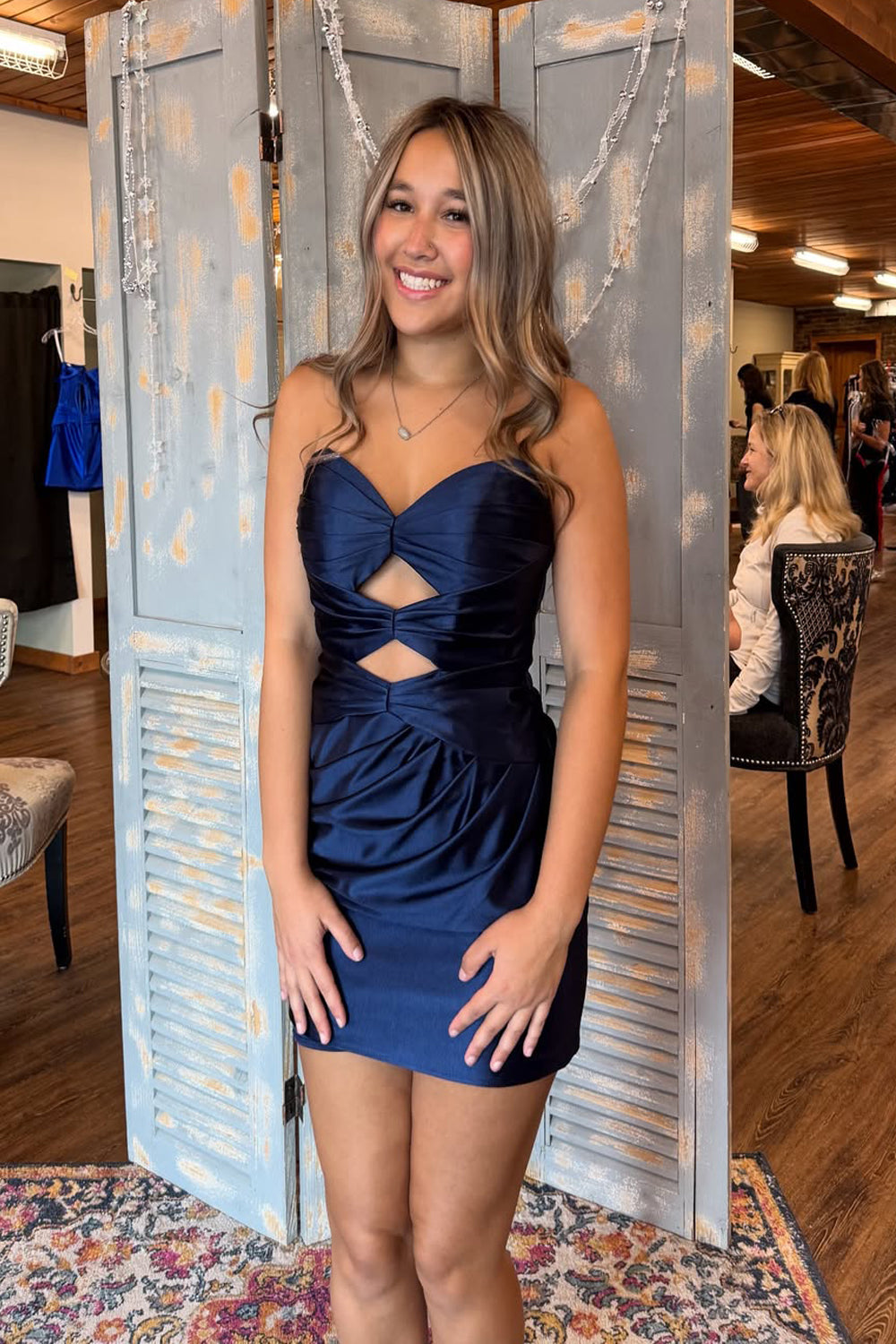 Cute A Line Sweetheart Keyhole Navy Satin Homecoming Dress AB25101407