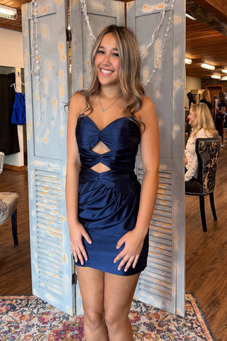 Cute A Line Sweetheart Keyhole Navy Satin Homecoming Dress AB25101407