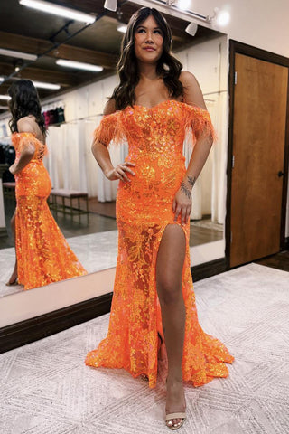 Sparkly Mermaid Sweetheart Orange Sequins Lace Long Prom Dresses with Slit AB091102