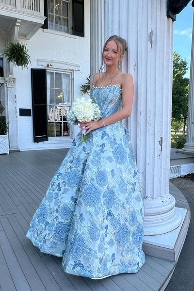 A Line Scoop Neck Blue Jacquard Satin Prom Dress with Beading AB26050705