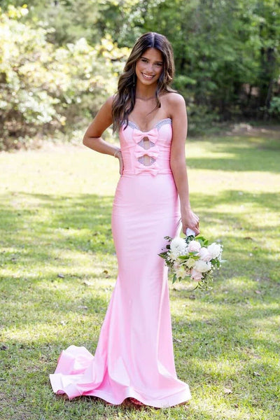 Mermaid Sweetheart Pink Satin Long Prom Dress with Beading AB26042107