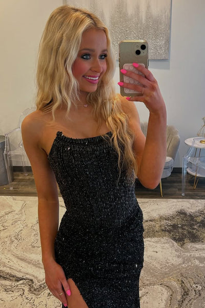 Cute Mermaid Scoop Neck Black Sequins Long Prom Dress with Beading AB25100106