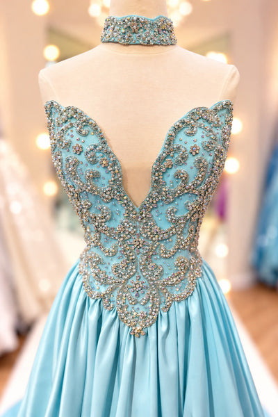Gorgeous Ball Gown V Neck Light Blue Satin Prom Dress with Beading AB26102706