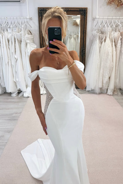 Fashion Mermaid Off the Shoulder Satin White Wedding Dress with Beading AB25092502