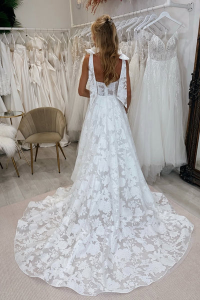 Fashion A Line Square Neck Lcae Wedding Dress AB25092707