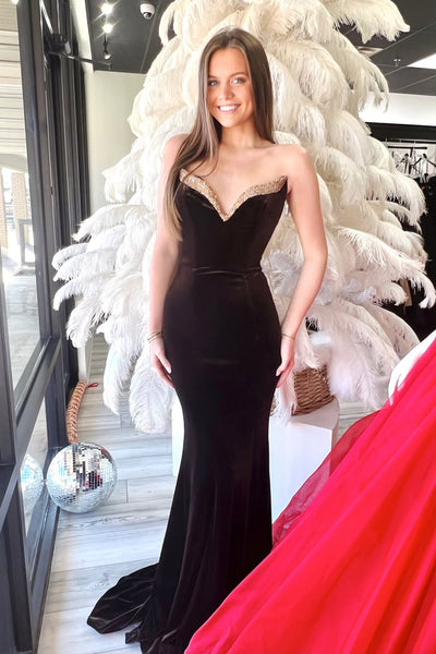 Charming Mermaid V Neck Velvet Prom Dress with Beading AB25121508