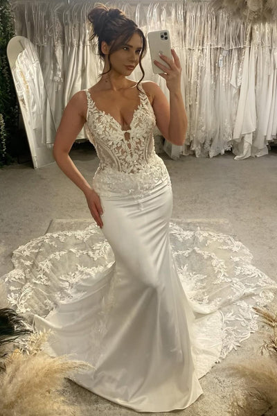 Gorgeous Mermaid V Neck Satin Wedding Dress with Appliques AB26022809
