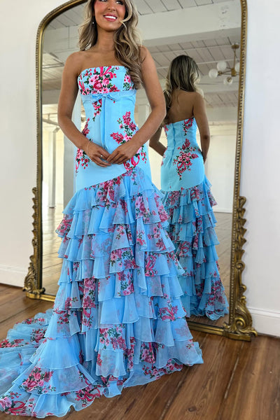 Cute Mermaid Strapless Blue Floral Chiffon Prom Dress with Slit AB021512