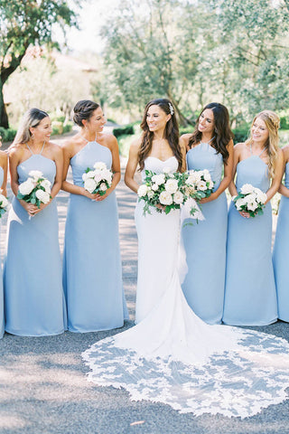 Elegant Sheath Straps Blue Chiffon Long Bridesmaid Dresses ABBD061805