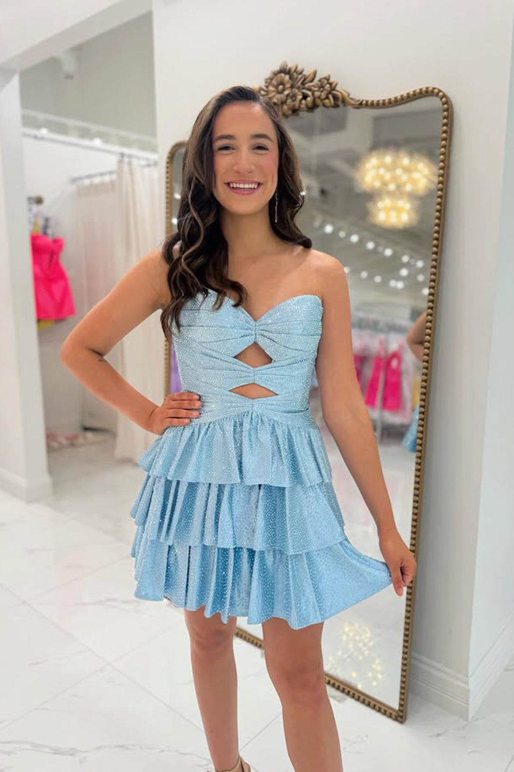 Cute A Line Sweetheart Keyhole Light Blue Satin Homecoming Dresses with Beading AB25061408