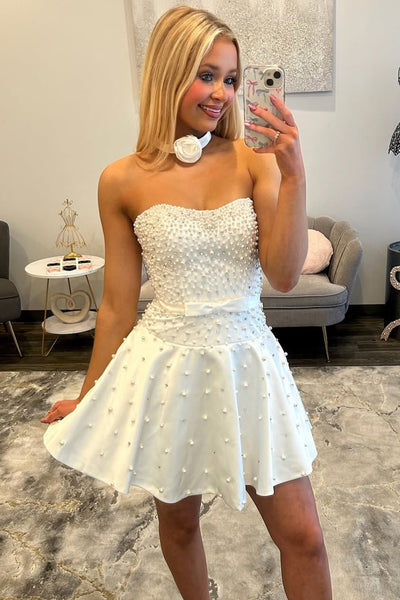 Cute A Line Strapless White Satin Homecoming Dress with Beading AB26062401