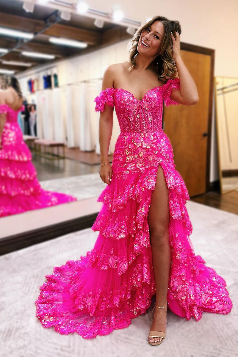 Off the Shoulder Fuchsia Sequins Ruffle Tiered Long Prom Dress with Slit AB4042902