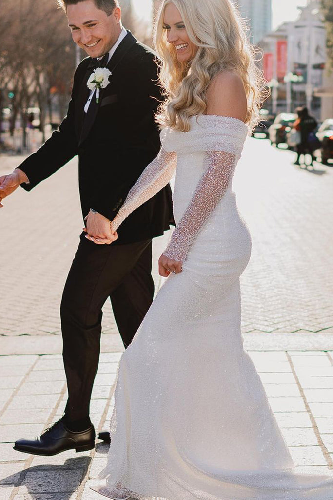 Sparkly Mermaid Off the Shoulder Long Sleeves Sequins Wedding Dresses AB081910 Anniebride Sparkly Mermaid Off the Shoulder Long Sleeves Sequins Wedding Dresses AB081910 Anniebride
