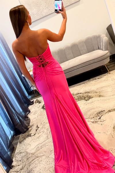 Mermaid V Neck Fuchsia Satin Prom Dress with Slit AB25121506