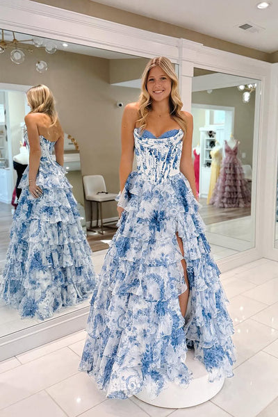 A-Line Sweetheart Floral Printed Ruffle Tiered Long Prom Dresses with Slit AB25031606