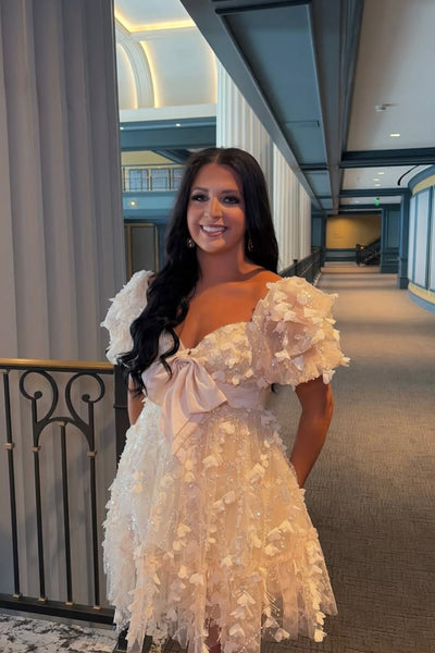 A Line Sweetheart White Lace Short Homecoming Dress AB26062405