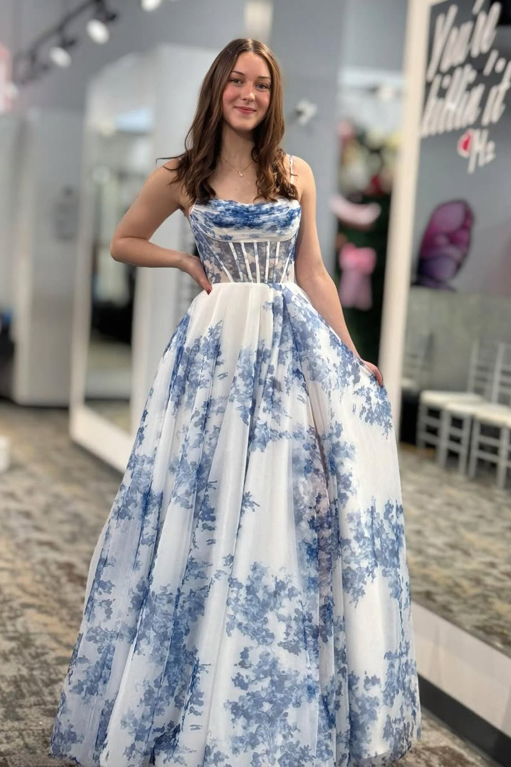 Cute A Line Scoop Neck Floral Chiffon Long Prom Dress AB25031502