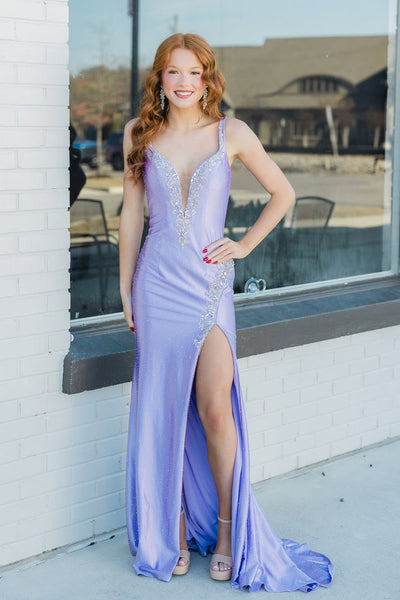 Sparkly Mermaid V Neck Lilac Hot Fix Satin Prom Dress with Slit AB021510