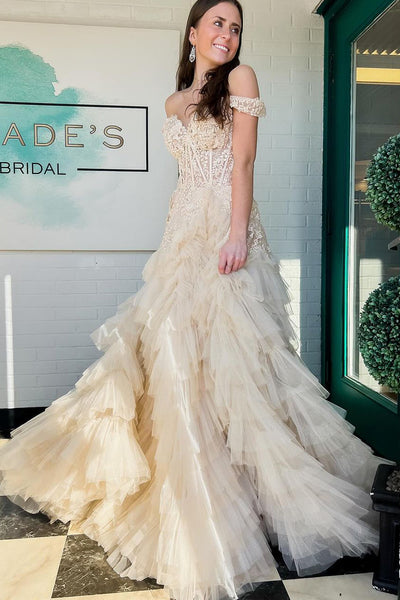 A Line Off the Shoulder Champagne Tiered Tulle Long Prom Dresses AB4021205