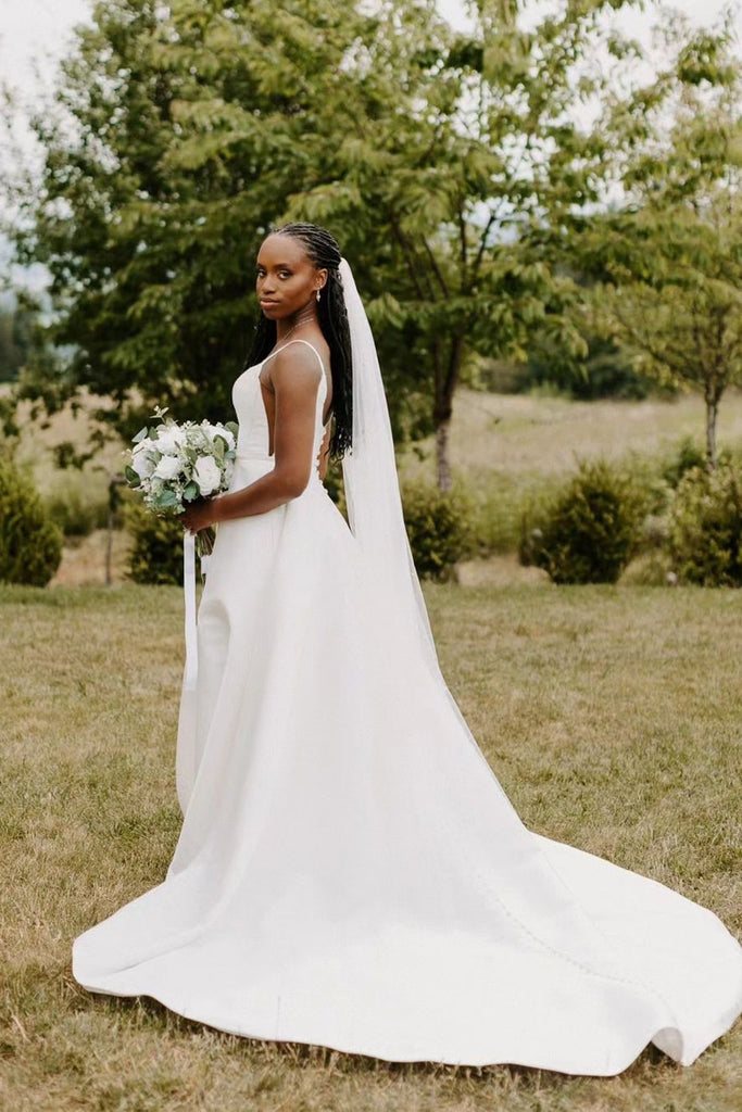 Fashion A Line Scoop Neck Satin Wedding Dresses with Slit AB100902 Anniebride Fashion A Line Scoop Neck Satin Wedding Dresses with Slit AB100902 Anniebride