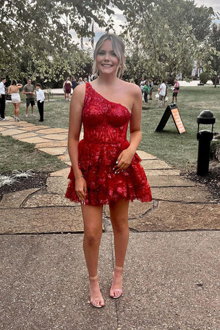 Cute A Line One Shoulder Red Tulle Short Homecoming Dresses with Appliques AB091906