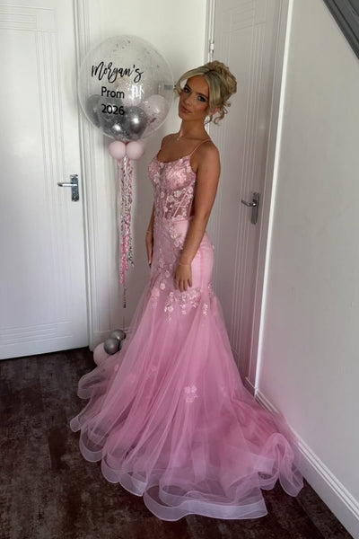 Mermaid Scoop Neck Pink Tulle Long Prom Dress AB26062803