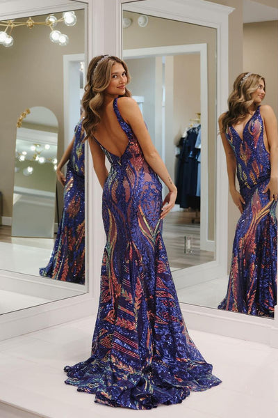 Unique Mermaid V Neck Royal Blue Sequins Long Prom Dresses AB102302