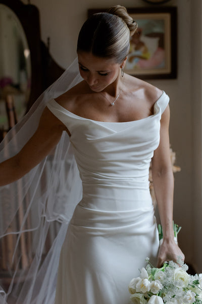 Boho Mermaid Off the Shoulder Satin Wedding Dress AB26102710