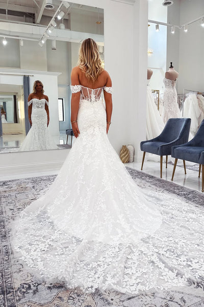 Romantic Off the Shoulder Mermaid Lace Wedding Dress with Appliques AB25102909