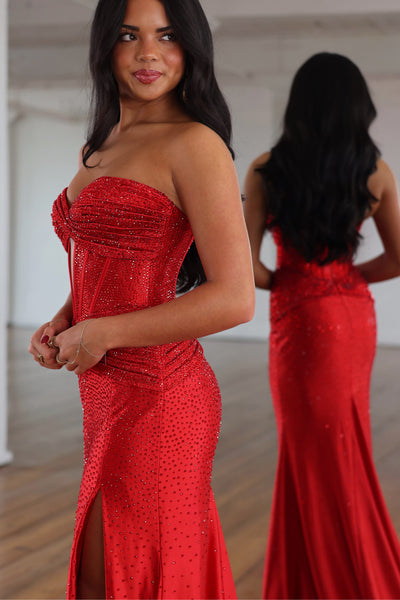 Sparkly Mermaid Sweetheart Red Hot Fix Satin Prom Dress with Slit AB26102105