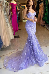Sparkly Mermaid Sweetheart Lavender Sparkly Lace Long Prom Dresses AB093004